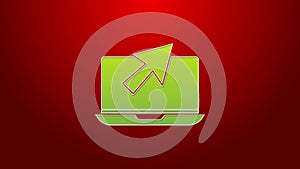 Green line Laptop and cursor icon isolated on red background. Computer notebook with empty screen sign. 4K Video motion