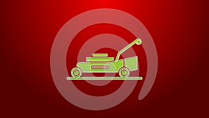 Green line Lawn mower icon isolated on red background. Lawn mower cutting grass. 4K Video motion graphic animation
