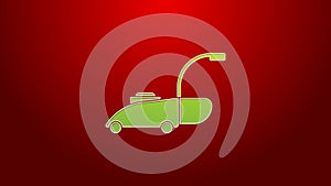 Green line Lawn mower icon isolated on red background. Lawn mower cutting grass. 4K Video motion graphic animation