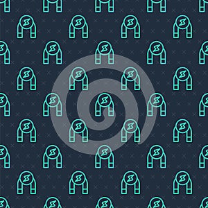 Green line Magnet icon isolated seamless pattern on blue background. Horseshoe magnet, magnetism, magnetize, attraction