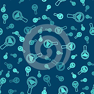 Green line Magnifying glass and data analysis icon isolated seamless pattern on blue background. Vector