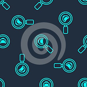 Green line Magnifying glass and euro symbol icon isolated seamless pattern on blue background. Find money. Looking for