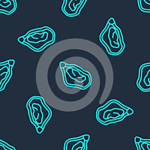 Green line Mussel icon isolated seamless pattern on blue background. Fresh delicious seafood. Vector