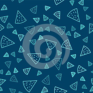 Green line Nachos icon isolated seamless pattern on blue background. Tortilla chips or nachos tortillas. Traditional