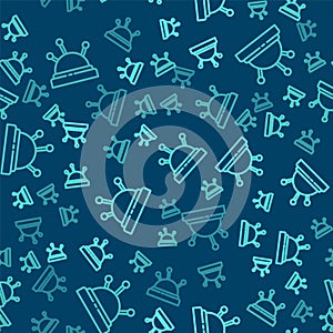 Green line Needle bed and needles icon isolated seamless pattern on blue background. Handmade and sewing theme. Vector