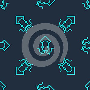Green line Octopus icon isolated seamless pattern on blue background. Vector