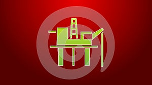 Green line Oil platform in the sea icon isolated on red background. Drilling rig at sea. Oil platform, gas fuel