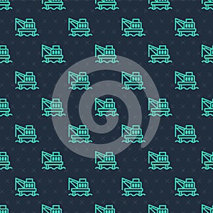 Green line Oil platform in the sea icon isolated seamless pattern on blue background. Drilling rig at sea. Oil platform