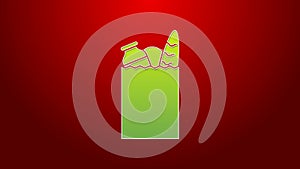 Green line Paper shopping bag and food icon isolated on red background. Food store, supermarket. 4K Video motion graphic