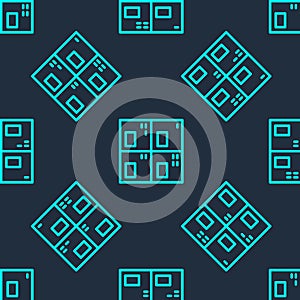 Green line Periodic table of the elements icon isolated seamless pattern on blue background. Vector