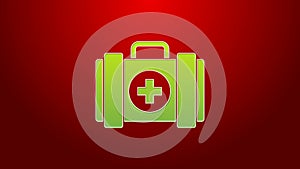 Green line Pet first aid kit icon isolated on red background. Dog or cat paw print. Clinic box. 4K Video motion graphic