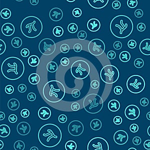 Green line Pi symbol icon isolated seamless pattern on blue background. Vector