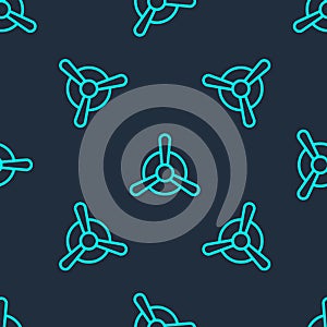 Green line Plane propeller icon isolated seamless pattern on blue background. Vintage aircraft propeller. Vector