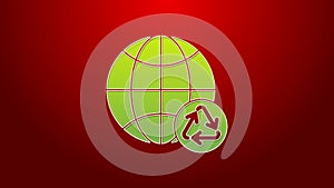 Green line Planet earth and a recycling icon isolated on red background. Environmental concept. 4K Video motion graphic