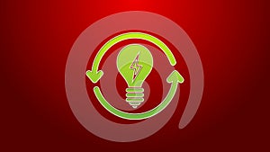 Green line Recycle and light bulb with lightning symbol icon isolated on red background. Light lamp sign. Idea symbol
