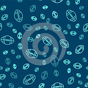 Green line Rugby ball icon isolated seamless pattern on blue background. Vector Illustration