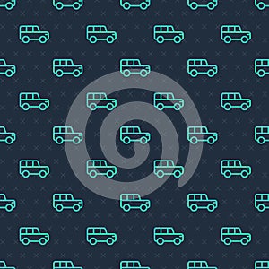 Green line Safari car icon isolated seamless pattern on blue background. Vector