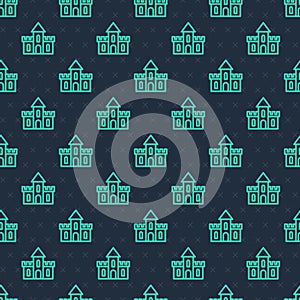 Green line Sand castle icon isolated seamless pattern on blue background. Vector