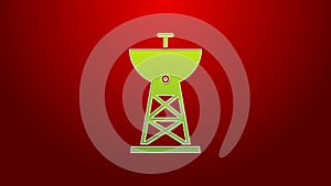 Green line Satellite dish icon isolated on red background. Radio antenna, astronomy and space research. 4K Video motion