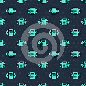 Green line Security system control panel with display icon isolated seamless pattern on blue background. Keypad of