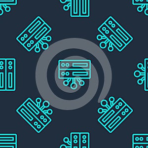Green line Server, Data, Web Hosting icon isolated seamless pattern on blue background. Vector