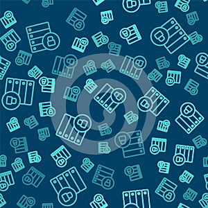 Green line Server security with closed padlock icon isolated seamless pattern on blue background. Database and lock