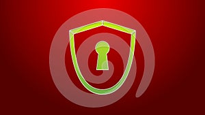 Green line Shield with keyhole icon isolated on red background. Protection, security concept. Safety badge icon. Privacy