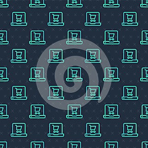 Green line Shopping cart on screen laptop icon isolated seamless pattern on blue background. Concept e-commerce, e