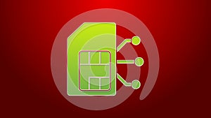 Green line Sim card icon isolated on red background. Mobile cellular phone sim card chip. Mobile telecommunications