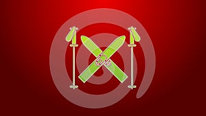 Green line Ski and sticks icon isolated on red background. Extreme sport. Skiing equipment. Winter sports icon. 4K Video