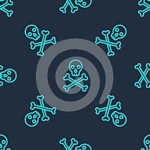 Green line Skull on crossbones icon isolated seamless pattern on blue background. Happy Halloween party. Vector