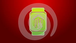 Green line Smart home with smart watch icon isolated on red background. Remote control. 4K Video motion graphic