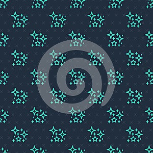 Green line Sparkle stars with magical glitter particles icon isolated seamless pattern on blue background. Magic