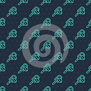 Green line Spatula with coffee grain icon isolated seamless pattern on blue background. Coffee beans. Vector