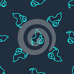 Green line Stomach heartburn icon isolated seamless pattern on blue background. Stomach burn. Gastritis and acid reflux