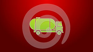 Green line Tanker truck icon isolated on red background. Petroleum tanker, petrol truck, cistern, oil trailer. 4K Video