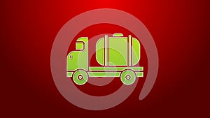 Green line Tanker truck icon isolated on red background. Petroleum tanker, petrol truck, cistern, oil trailer. 4K Video