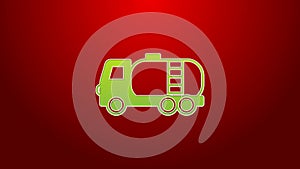 Green line Tanker truck icon isolated on red background. Petroleum tanker, petrol truck, cistern, oil trailer. 4K Video