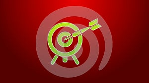 Green line Target with arrow icon isolated on red background. Dart board sign. Archery board icon. Dartboard sign