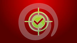 Green line Target and check mark icon isolated on red background. Dart board sign. Archery board icon. Dartboard sign