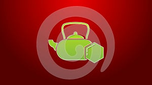 Green line Tea kettle with honey icon isolated on red background. Sweet natural food. 4K Video motion graphic animation