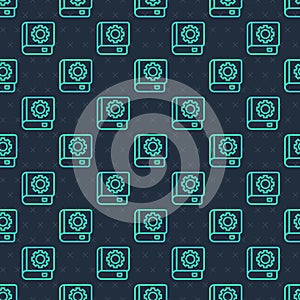 Green line User manual icon isolated seamless pattern on blue background. User guide book. Instruction sign. Read before