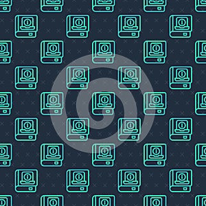 Green line User manual icon isolated seamless pattern on blue background. User guide book. Instruction sign. Read before