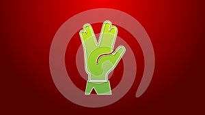 Green line Vulcan salute icon isolated on red background. Hand with vulcan greet. Spock symbol. 4K Video motion graphic
