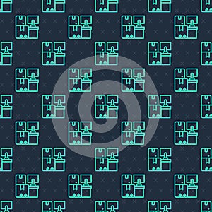 Green line Warehouse interior with boxes on racks icon isolated seamless pattern on blue background. Logistics, cargo