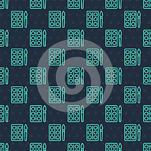 Green line Watercolor paints in box with paint brush icon isolated seamless pattern on blue background. Vector