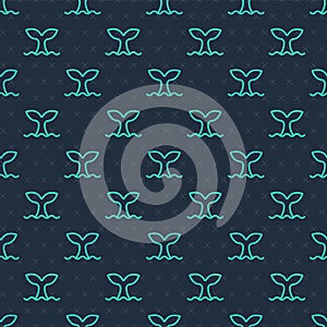 Green line Whale tail in ocean wave icon isolated seamless pattern on blue background. Vector