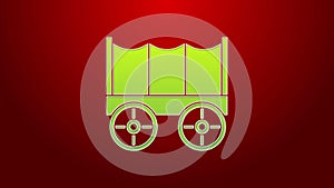 Green line Wild west covered wagon icon isolated on red background. 4K Video motion graphic animation