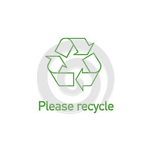 Green Linear recycle icon with text Please recycle. Stock Vector illustration isolated on white background