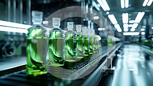 Green liquid in bottles on a conveyor belt at a production line of a beauty product factory, 3D rendering, wide angle lens. The